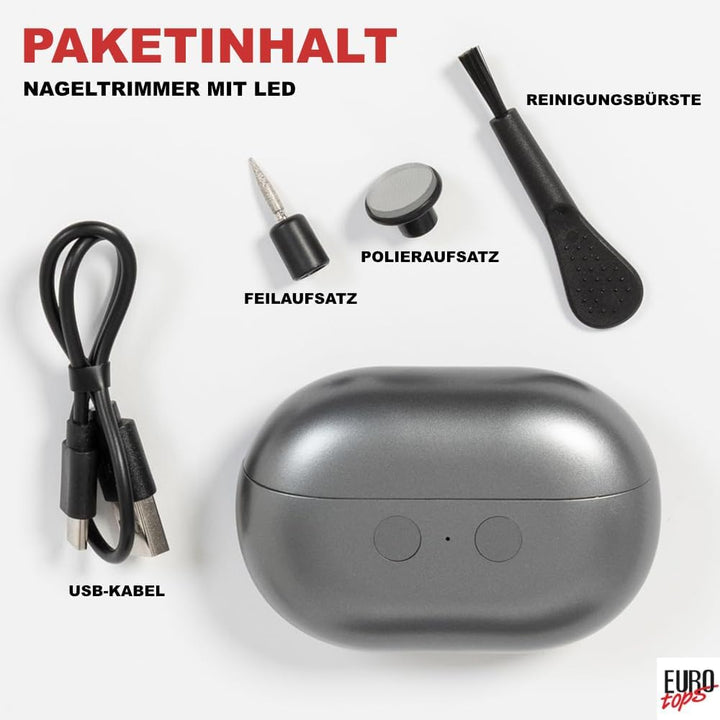 EUROtops Nageltrimmer mit LED, Feile und Polierfunktion, Akku, USB, Grau