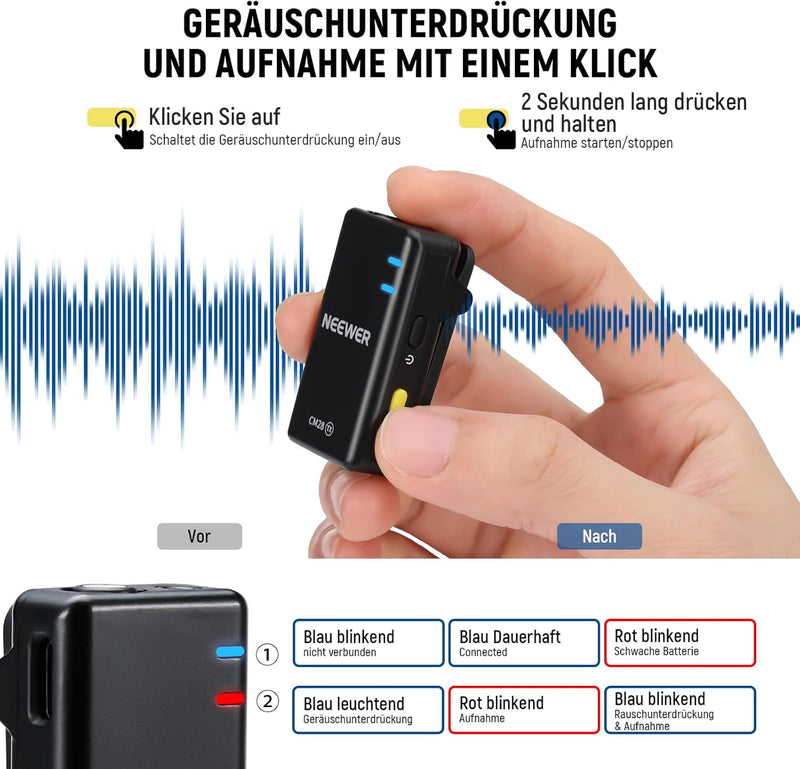 NEEWER CM28 Kabelloses Lavalier Mikrofonsystem mit Ladeetui, 1 klick Rauschunterdrückung, 4GB Speich