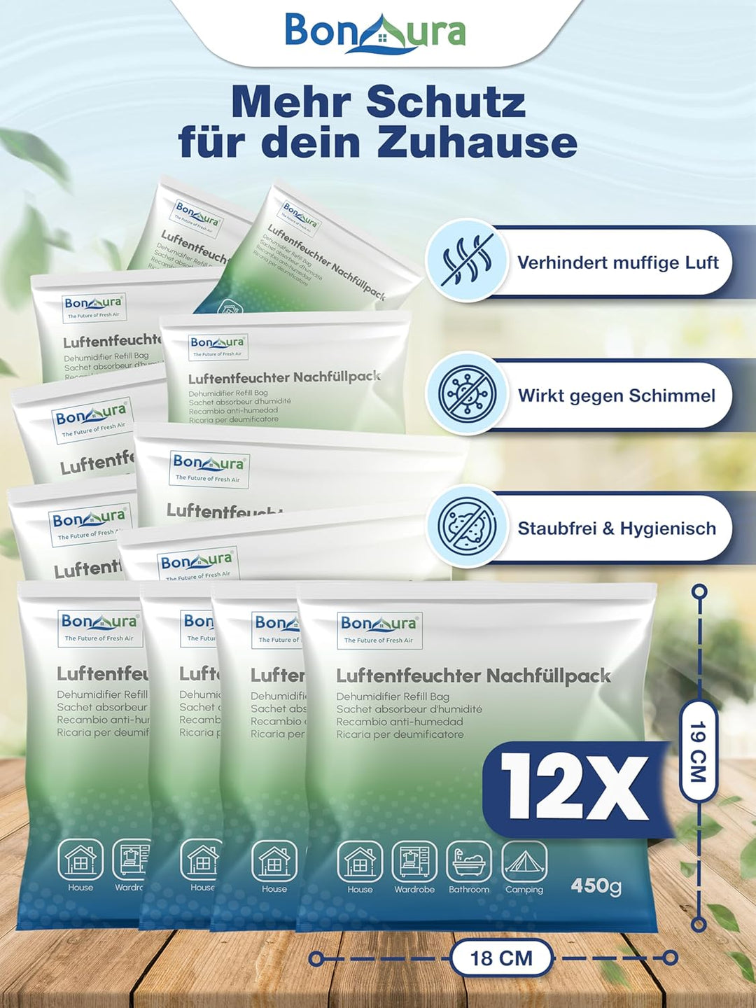 BonAura® AirOne Lite Luftentfeuchter Nachfüllpack I 12er Set 450g Luftentfeuchter Granulat I Entfeuc