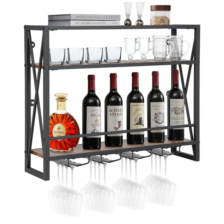 COSTWAY 3 Ebenen Weinregal Wand, Flaschenregal Holz mit Metallrahmen, mit 4 Reihen Weingläserhalter,