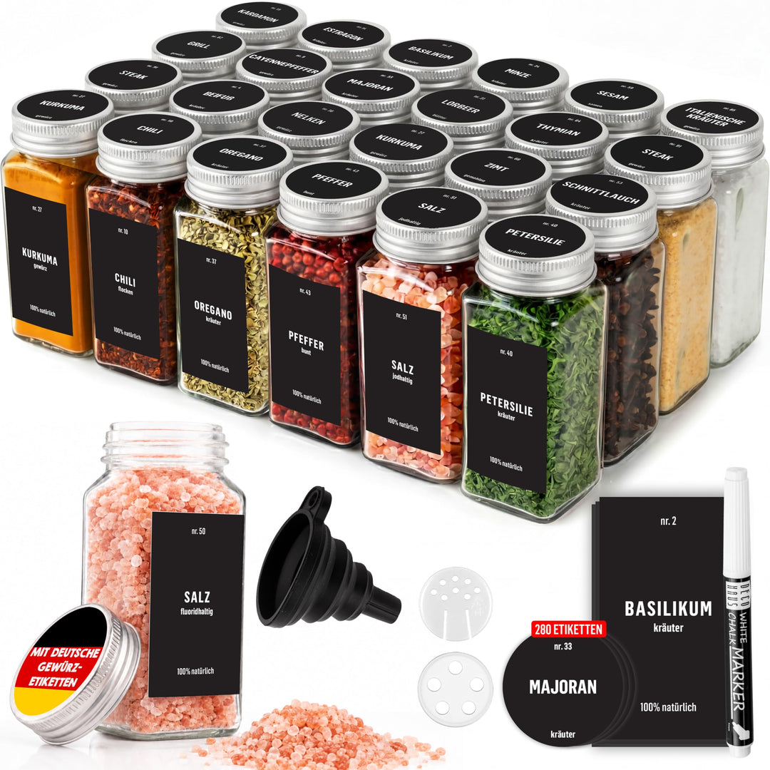 Deco haus Gewürzgläser mit Schraubkappe - 24er Set 120ml - Verschiedene Streuer-Aufsätze, Trichter,