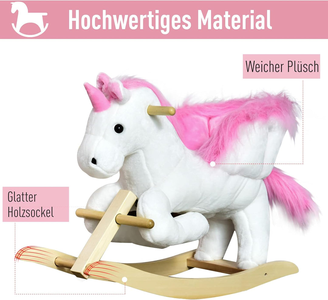 HOMCOM Schaukeltier Schaukeleinhorn mit Soundfunktion, Holzkufen und Griffen, Baby Schaukeltier mit