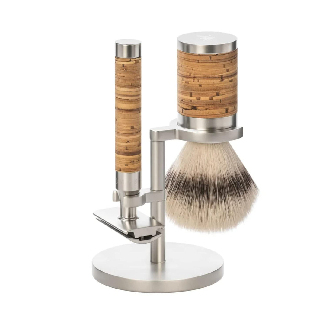 MÜHLE Rocca Rasierset - Silvertip Fibre Pinsel, Rasierhobel, Halter - Griffe aus Edelstahl und Birke