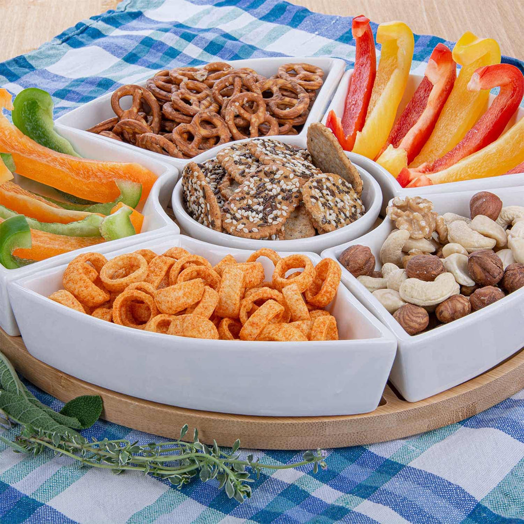 Dimono® Snacktablett Snack-Teller Serviertablett mit 6 Schalen aus Porzellan und Servierbrett aus Ba