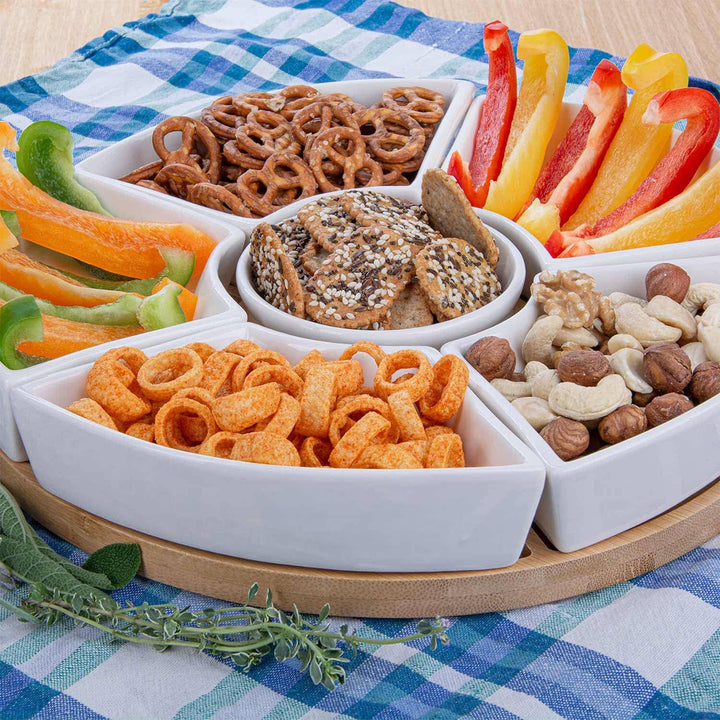 Dimono® Snacktablett Snack-Teller Serviertablett mit 6 Schalen aus Porzellan und Servierbrett aus Ba