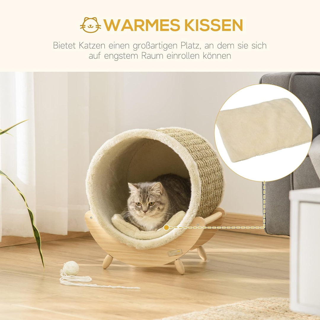 PawHut Katzenhöhle Katzenbett Katzenhaus mit Regal Kratzunterlage Katzenzelt Haustierhaus Khaki+Natu