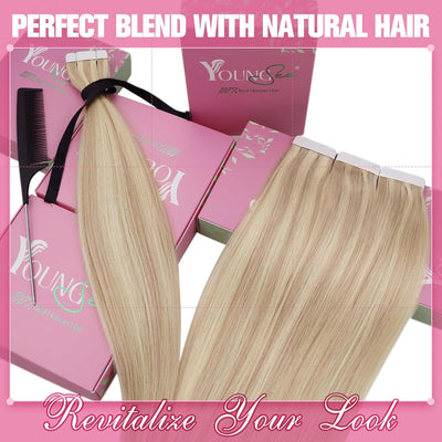 YoungSee 50g Tape Extensions Echthaar Blond Echthaar Extensions Tape Aschblond Highlight Blond Invis