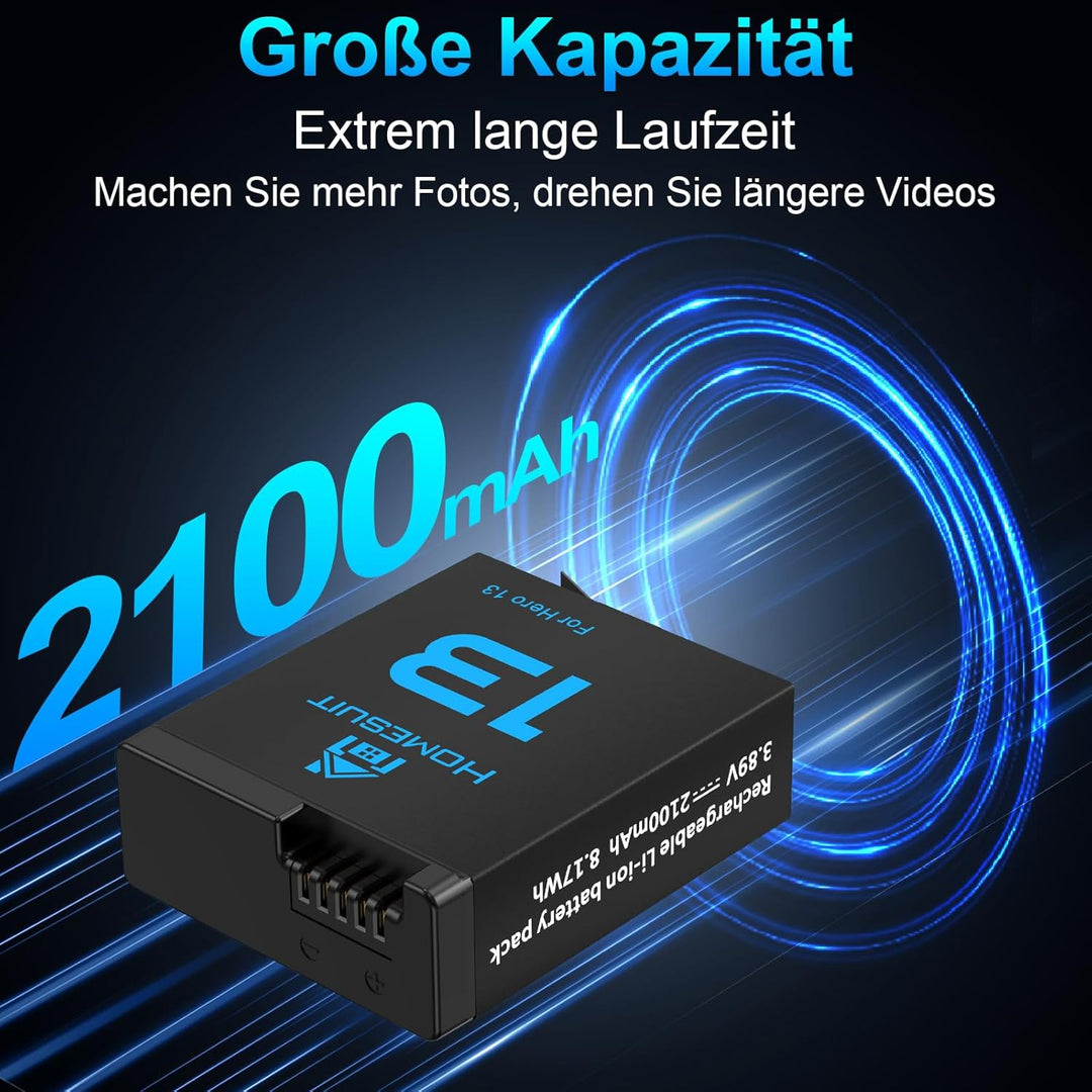 Homesuit Hero 13 Akku 2100mAh und LED 3-Kanal USB Speicherladegerät für GoPro Hero 13 Black Enduro W