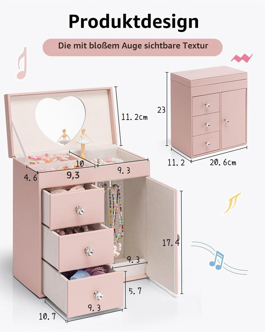 VLANDO Musical Schmuckkästchen Mädchen, grosses Kind Musik-Box mit Ballerina für Geburtstag Schlafzi