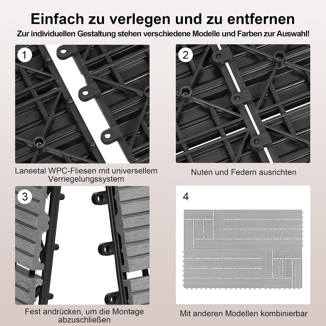 Laneetal 22 Stück WPC Fliesen Terrassenfliesen Klickfliesen Zuschneidbar, Balkon Bodenbelag mit Stec