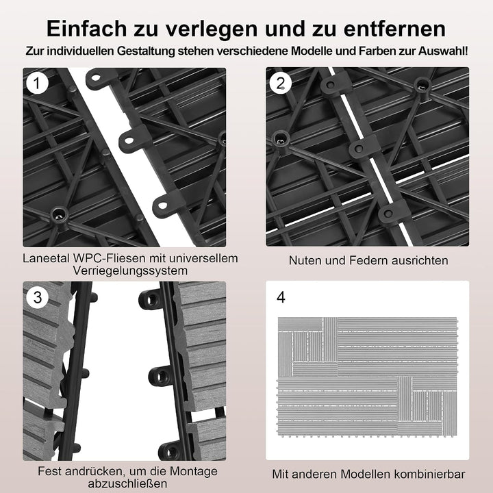 Laneetal 22 Stück WPC Fliesen Terrassenfliesen Klickfliesen Zuschneidbar, Balkon Bodenbelag mit Stec