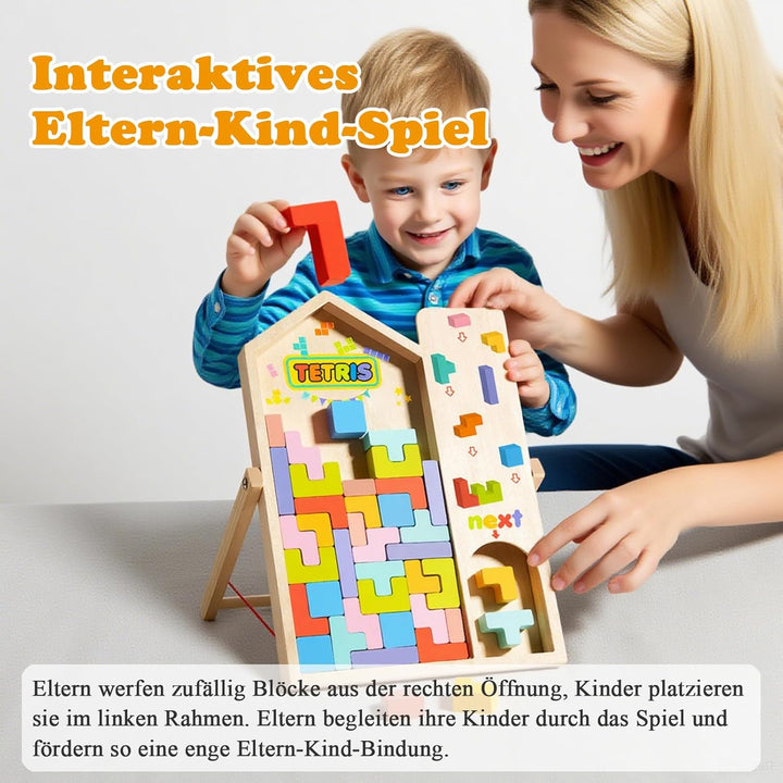 Montessori Tetris Holzspiel, Holz Tetris Stapelpuzzle mit Halterung, Eltern Kind Interaktives Holzpu