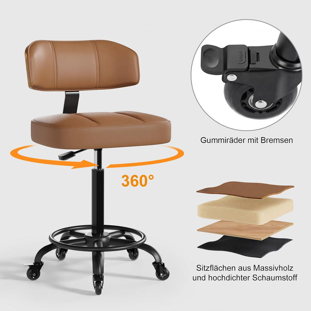 Rollhocker HöHenverstellbar, Bürohocker Ergonomisch,Arbeitshocker, Drehhocker 360°,Mit Massivholz Rü