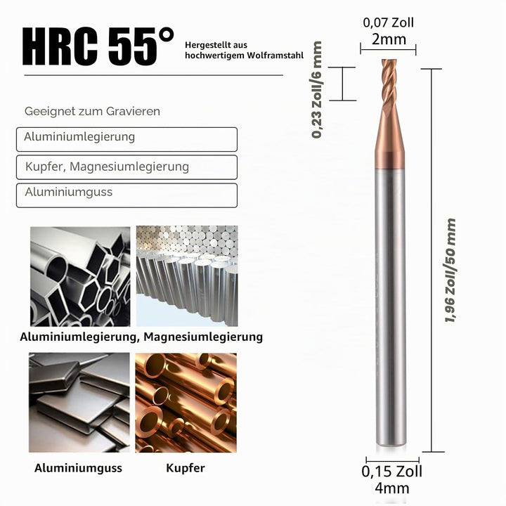 2mm CNC Fräser Schaftfräser Hartmetall 4 Schneiden, 5 Stücke TiSiN Coat Spiralfräser Bit VHM Bohrauf
