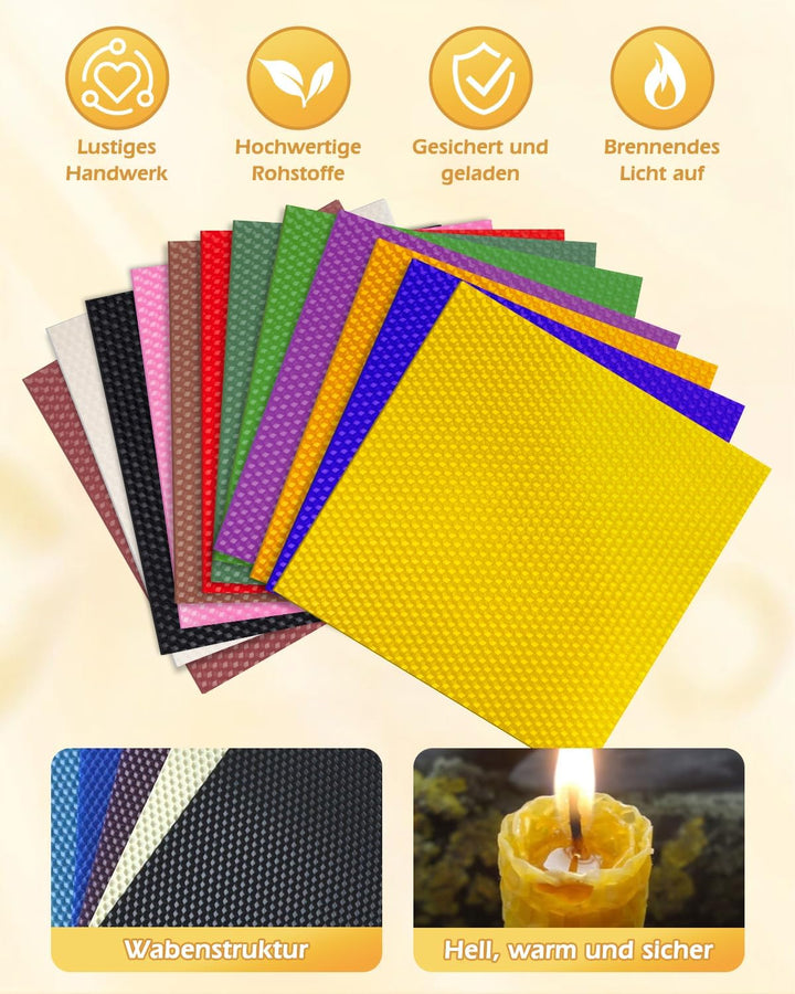 KIYTARBOO Bienenwachsplatten Set, 12 Stück Bienenwachskerzen Selber Machen Set 20x20 cm, DIY Kerzen