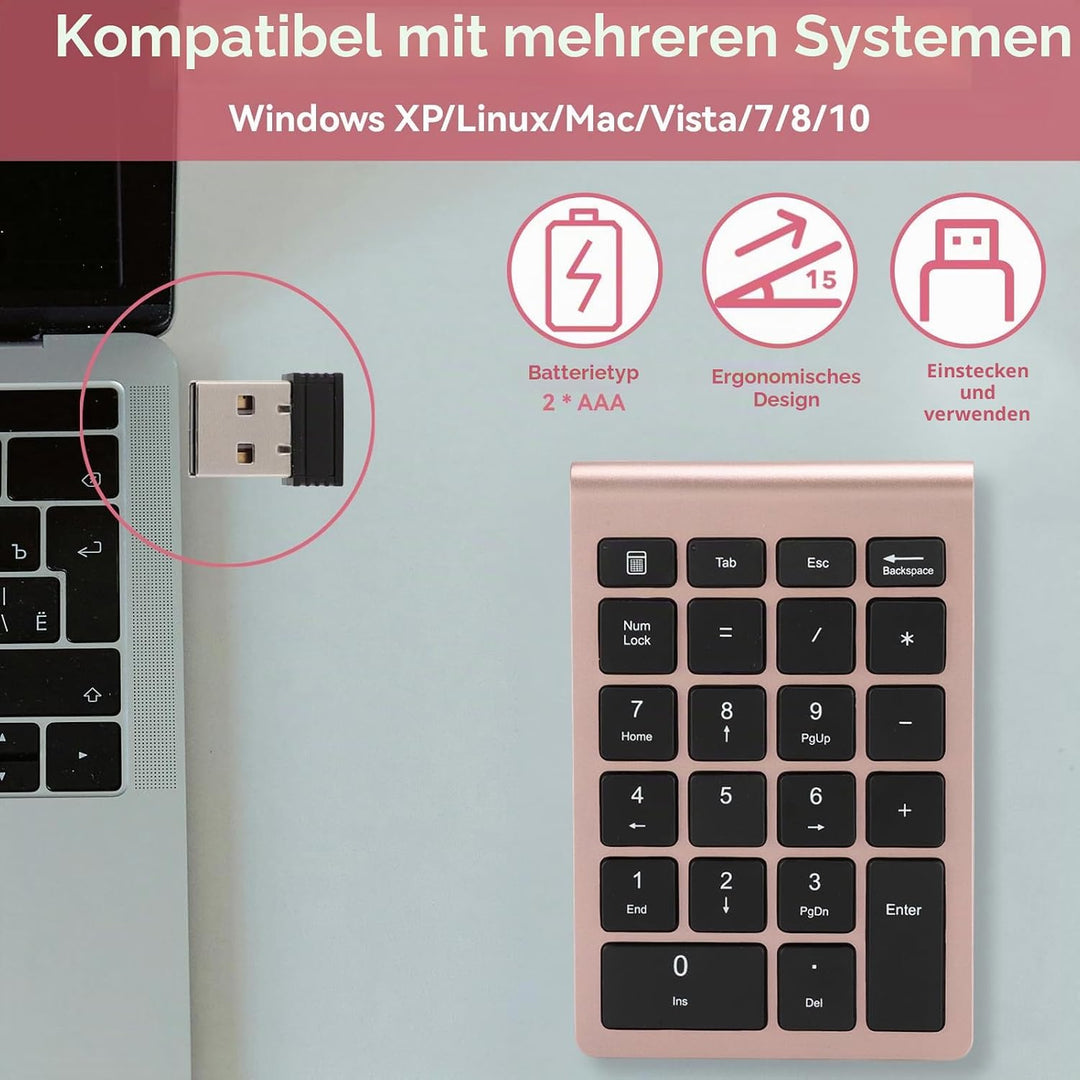 Ziffernblock, 22 Tasten 2,4G Numeric Keypad Ergonomisches Keyboard Ultra Dünn Kabellos ExternerNumme