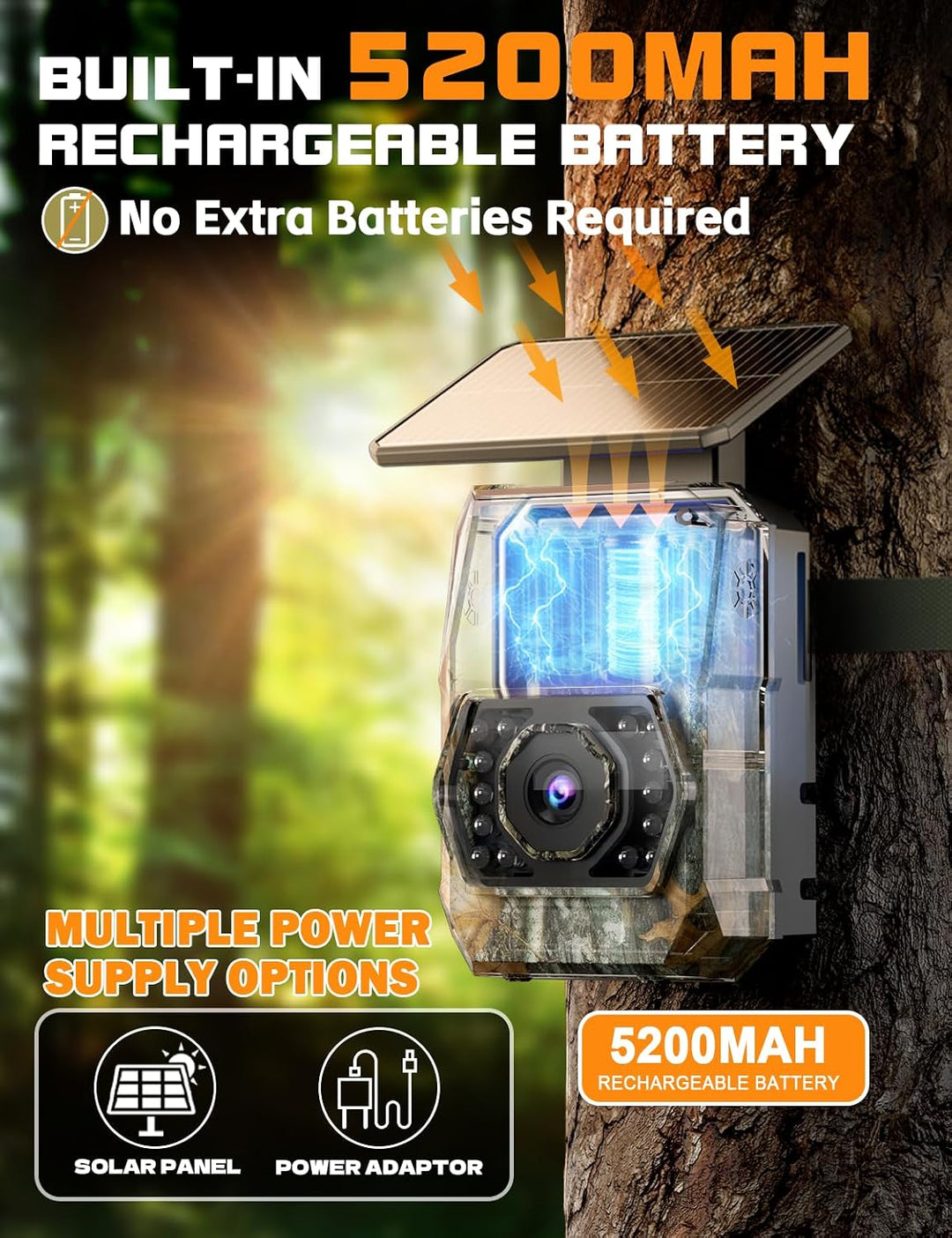 Wildkamera mit Handyübertragung App, 4K 60MP HD Solar WLAN Wildkamera, 5200mAH Akku, Wildtierkamera