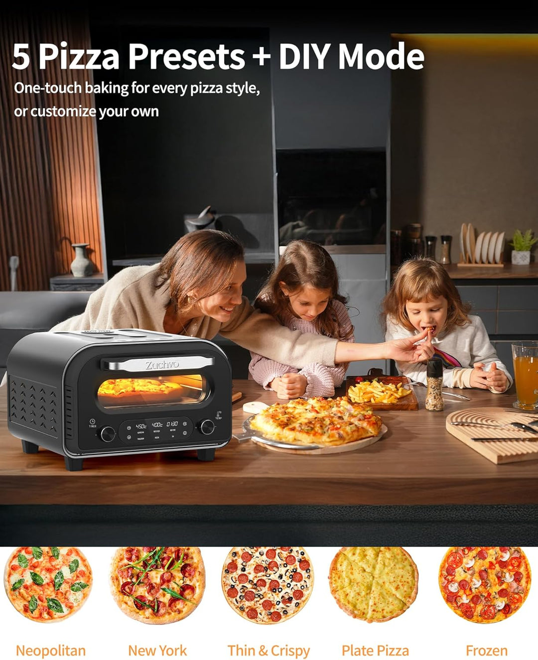 ZACHVO Elektrischer Pizzaofen - bis 450℃, 5 voreingestellte Pizzaarten, 1-60 Min Timer, Touchscreen