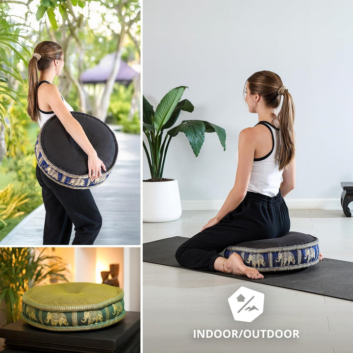 livasia Meditationskissen mit Thaiseide - Ø 45x15cm - Yogakissen mit Kapok, Pouf, Bodenkissen für Yo