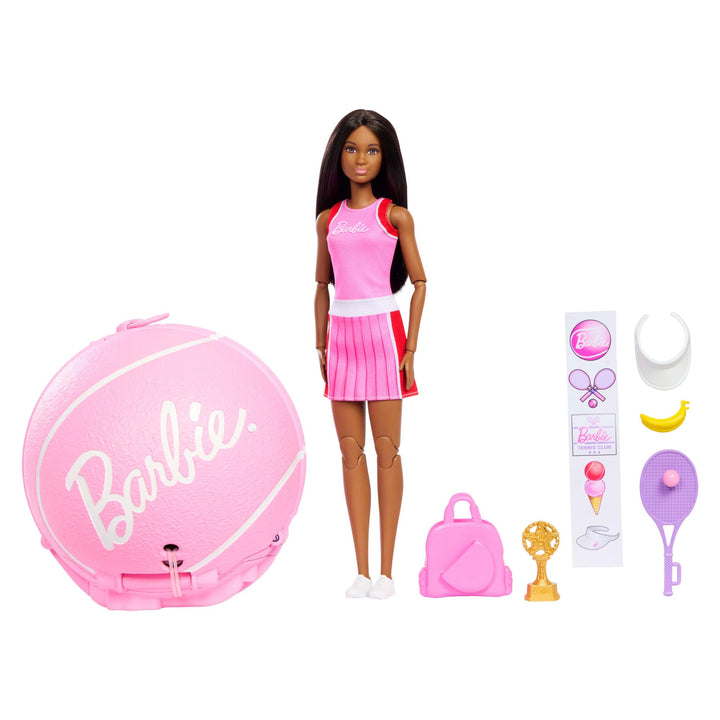 Barbie Team Roll & Reveal Tennisspielerin-Puppe und Zubehörteile mit brünetter Modepuppe, 8 Überrasc