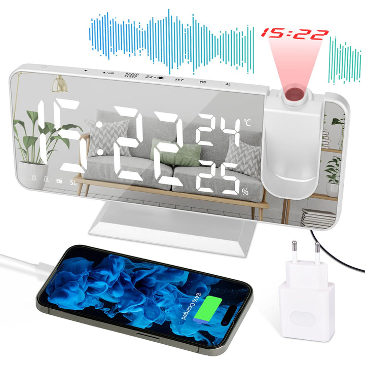 EVILTO Projektionswecker 180° Decke – Digitaluhr elektrisch Snooze-Funktion 12/24 Stunden Lautstärke