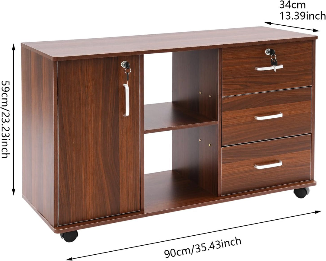 90x34x59cm Büroschrank Aktenschrank mit 5 Rollen (2 mit Bremsen), Rollcontainer mit 1* Abschliessbar