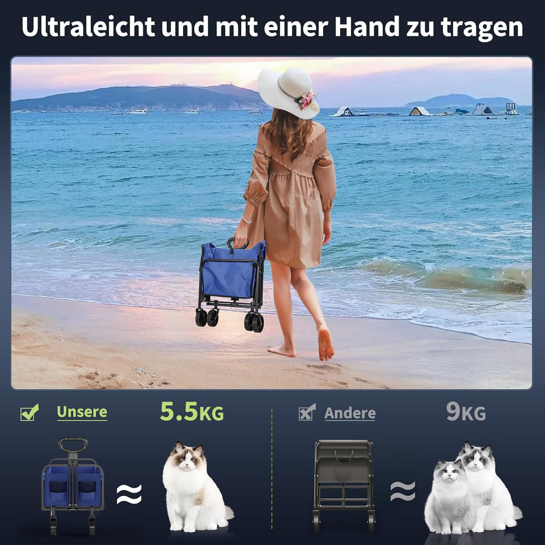Faltbarer Bollerwagen, 220L 172kg Traglast, 360° Geländeräder, Bremse, Stahlrahmen, 600D Oxford PVC,