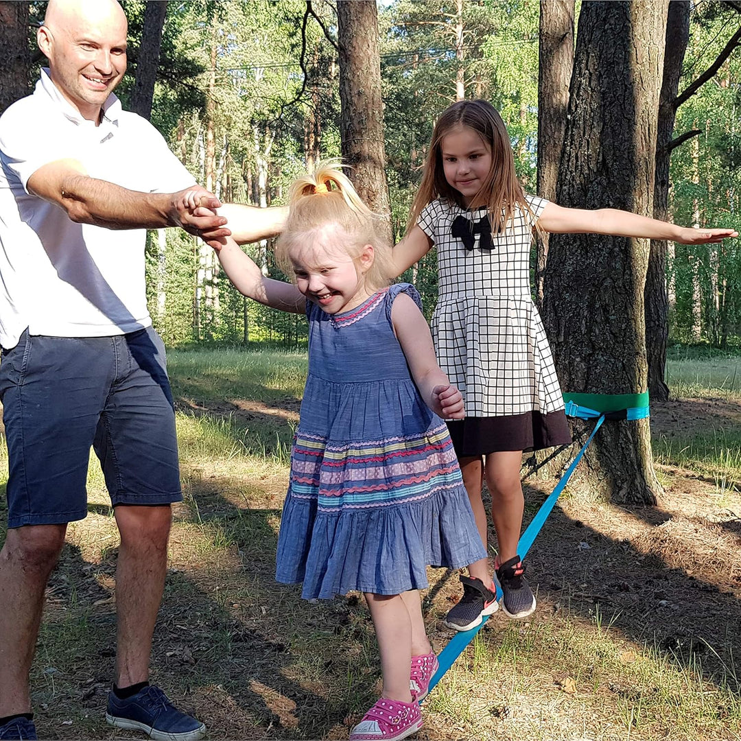 Slackline für Gleichgewichtstraining 15m mit Hochleistungs-Industrie Ratsche, Baumschutzband und Tra