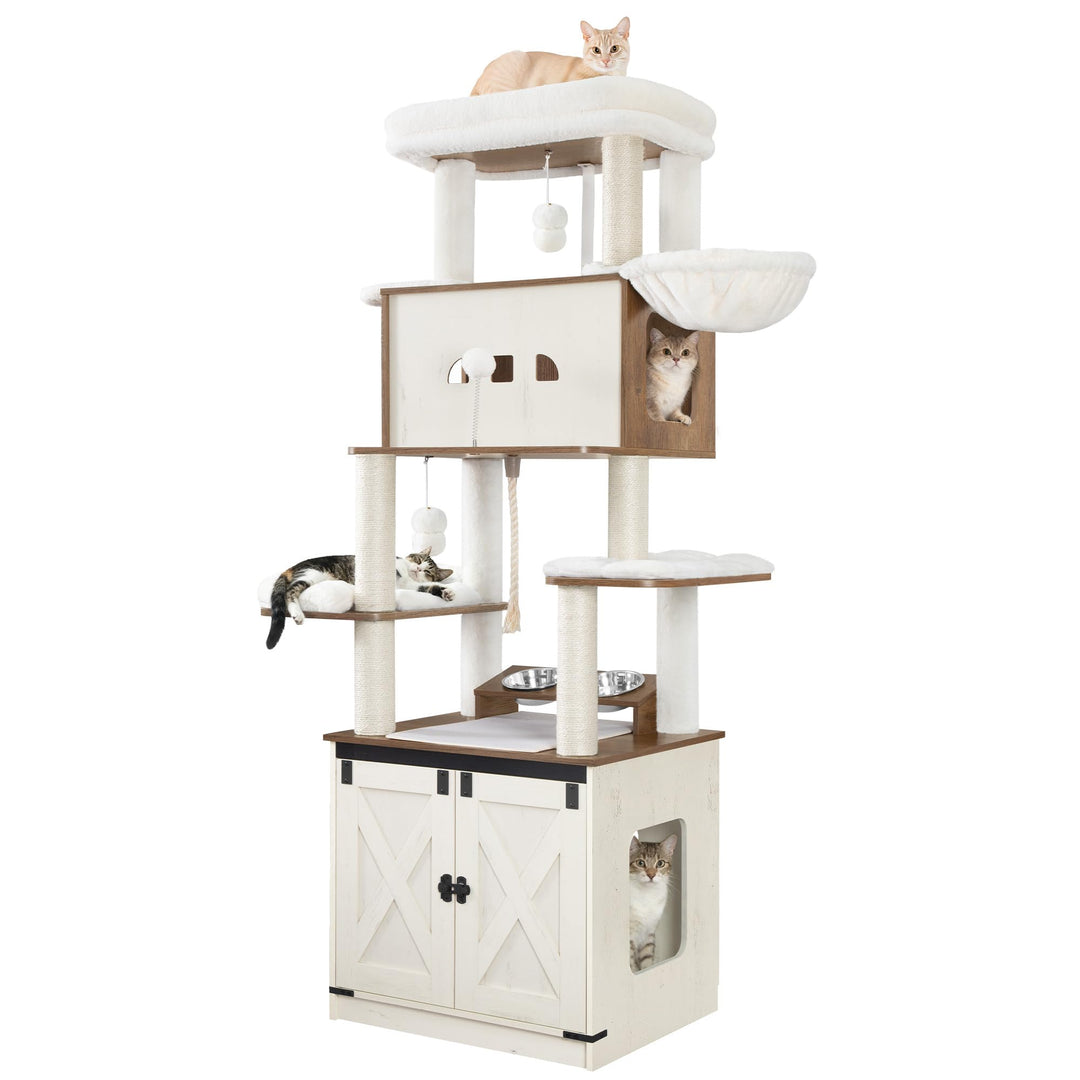 Hzuaneri Kratzbaum, Katzenbaum mit Katzenklo Schrank, Futterstation, 173 cm Hoch, mit Grosser Plattf