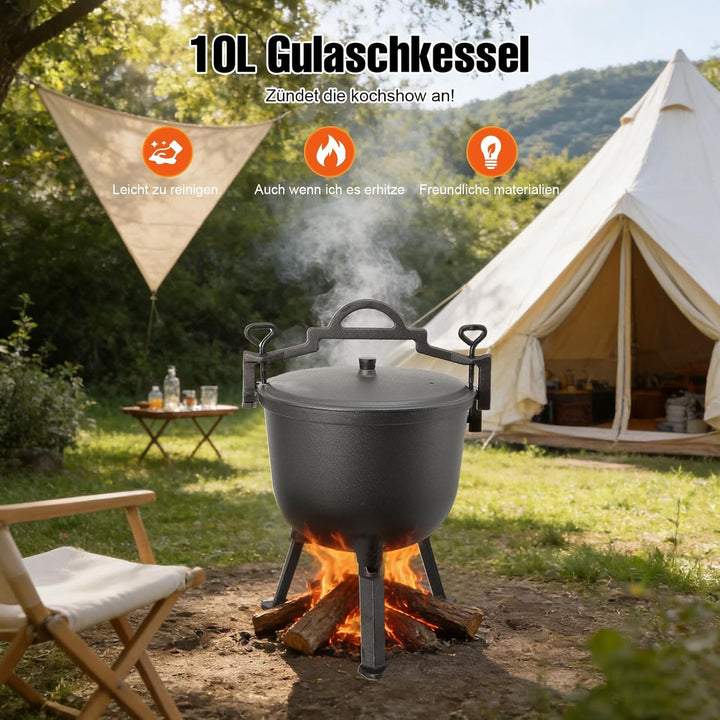 10L Jagdkessel Gulaschkessel Gusseisen Topf Gusseiserner Kessel BBQ Schmortopf Gusseisen Kochtopf Fe