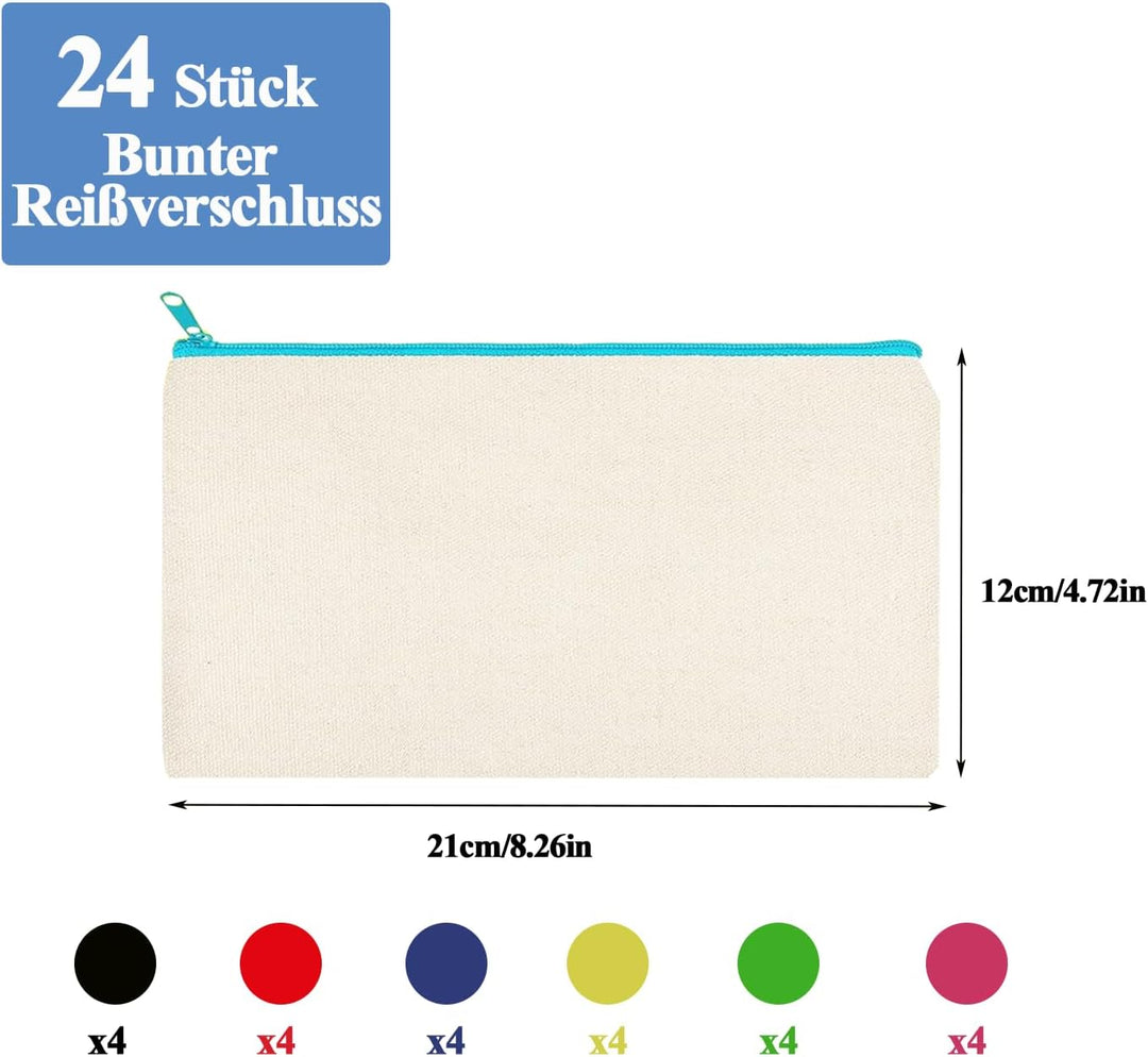 24 Stück DIY Blanko Stoffbeutel, Stoff Federmäppchen zum Bemalen, Bunt Stoffbeutel Zum Bemalen, 12 x