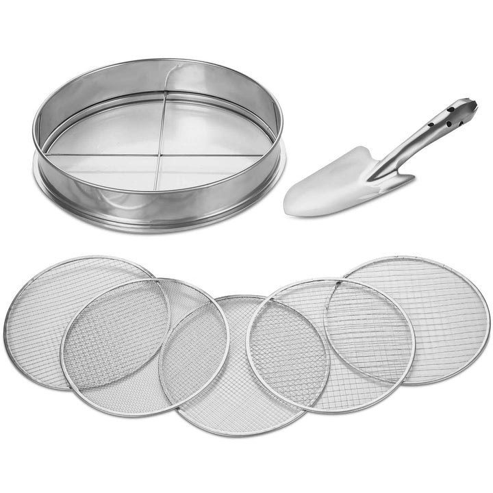 Johgee 5 in 1 Gartensieb aus Edelstahl Witterungsbeständig Sieb, mit 5 austauschbare Siebeinsätze Ø