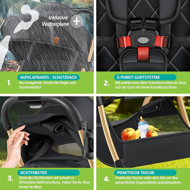 KIDIZ® Kinderwagen Premium Kinderbuggy klappbar Liegebuggy Sportwagen Faltbar 360°Räder 5-Punkt Gurt