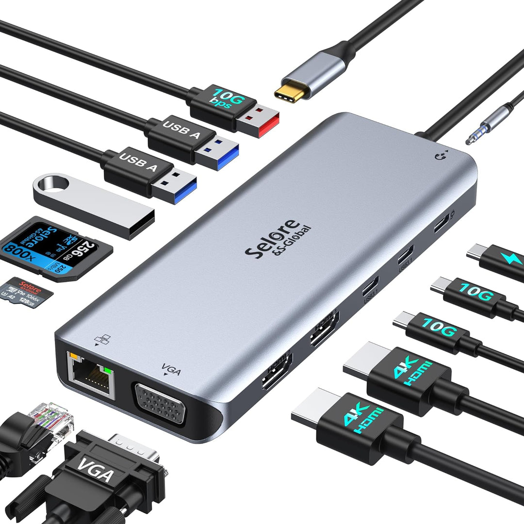 USB C Dockingstation Dual HDMI, Selore 14 in 1 Dockingstation Triple Display, USB C Hub mit 2*4K HDM