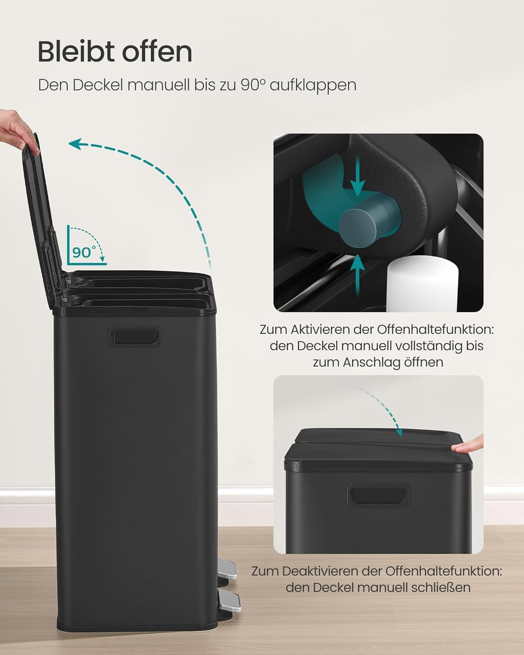 SONGMICS Mülleimer Küche, 2 x 30 Liter, 2 Fächer, Abfalleimer, Tretmülleimer, Küchenmülleimer mit So