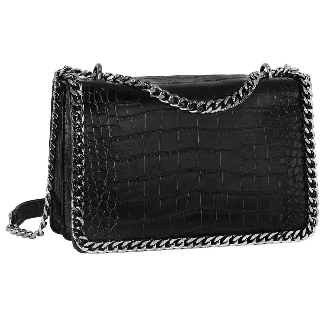 CRAZYCHIC - Damen Kette Umhängetasche - Kroko PU Leder Gesteppte Klappe Schultertasche - Steppmuster