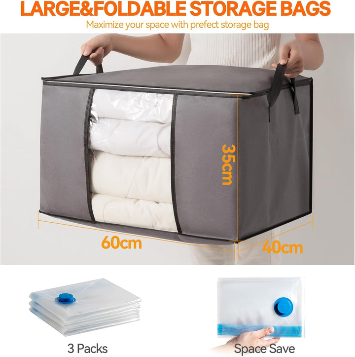 3er Set Aufbewahrungstaschen aus Vliesstoff 60×40×35 cm (Dunkelgrau) + 3 Vakuumbeutel 70×50 cm, Falt