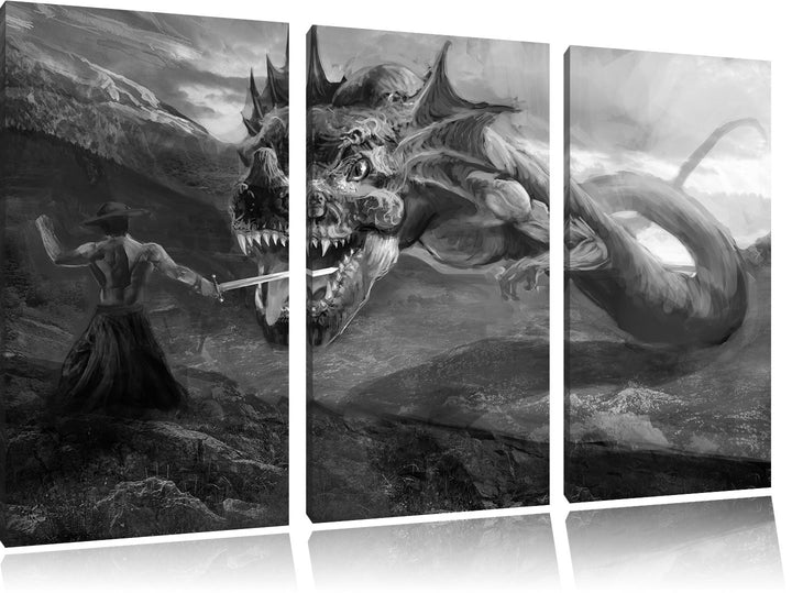 Pixxprint Drache kämpft gegen Krieger als Leinwandbild/Grösse: 3 Teilig (120x80 cm) cm/Wandbild/Kuns