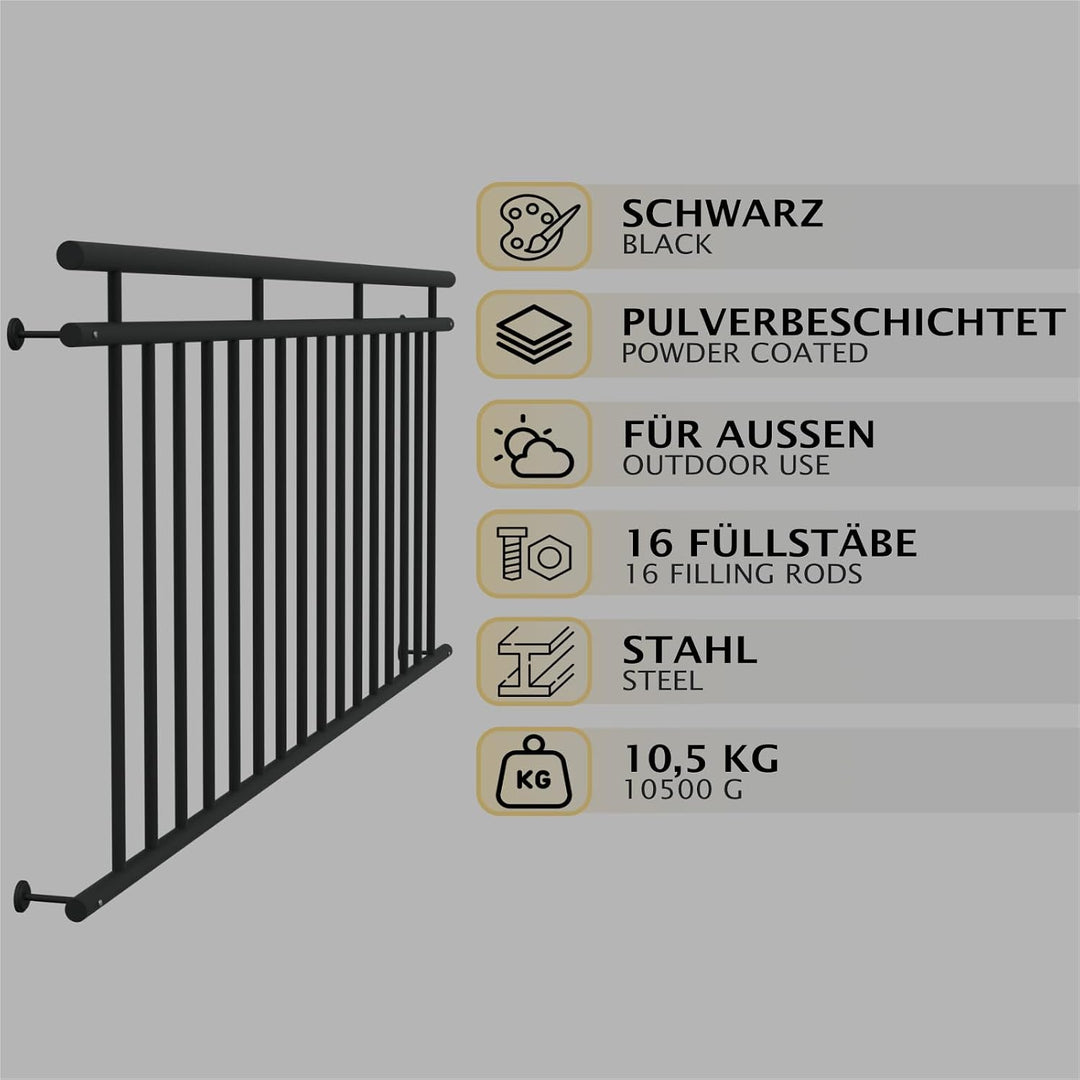 HAGO24 | Französischer Balkon | Fenstergitter | Stahlgeländer | 225x90cm Schwarz | Stabgeländer | Ju