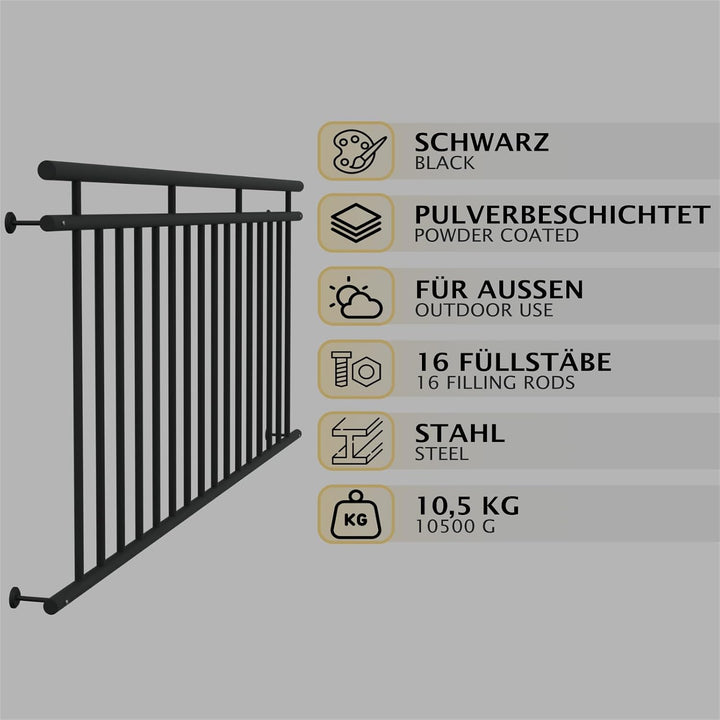 HAGO24 | Französischer Balkon | Fenstergitter | Stahlgeländer | 225x90cm Schwarz | Stabgeländer | Ju