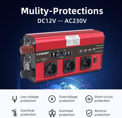 Wechselrichter 12V 230V 3000W /6000W Wechselrichter Fernbedienung 4X USB und LCD 3 AC Steckdosen Mod