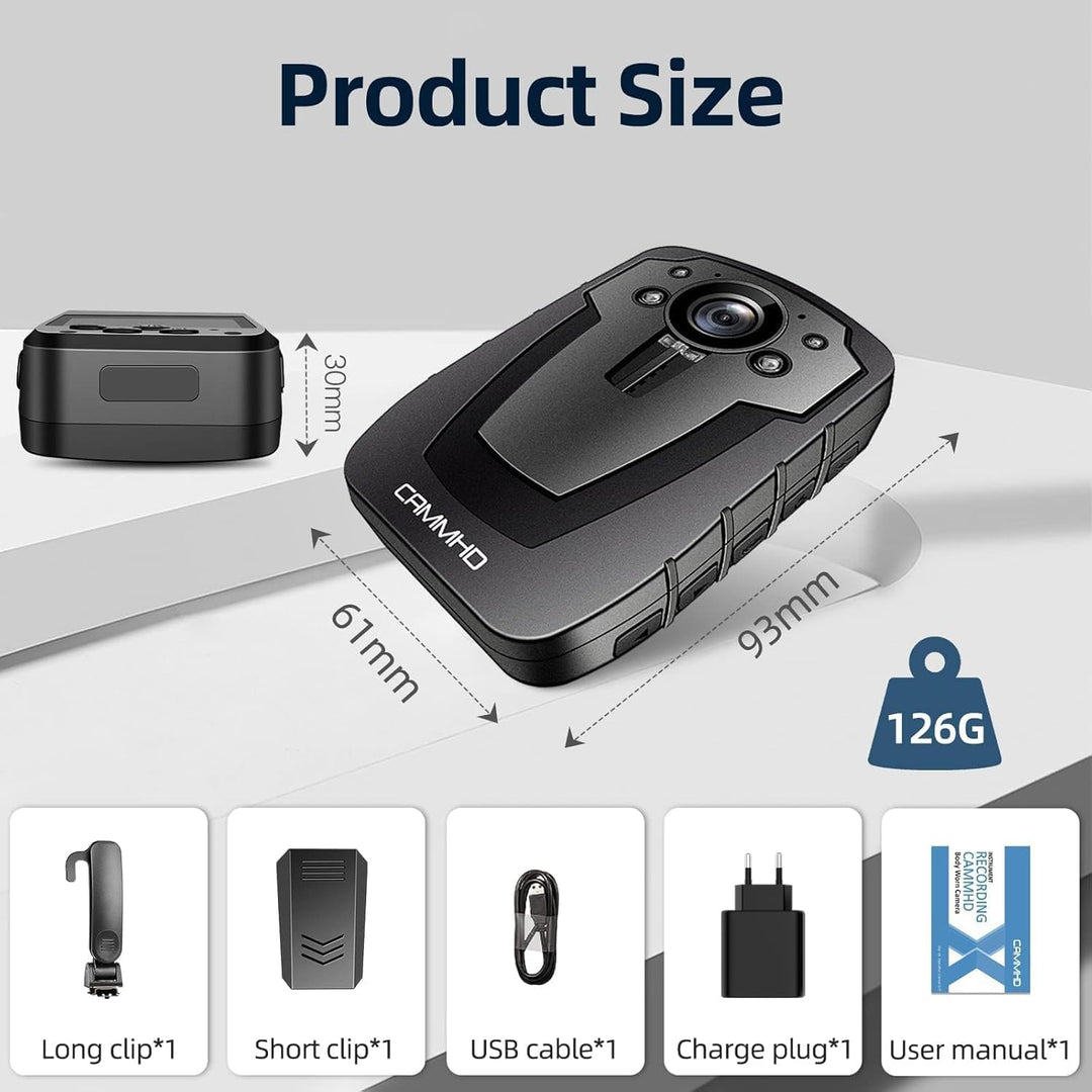 CAMMHD C8-64GB 1296P Body Cam 12 Stunden Tragbare Audio und Video Bodycam 170° Weitwinkel Polizei Kö