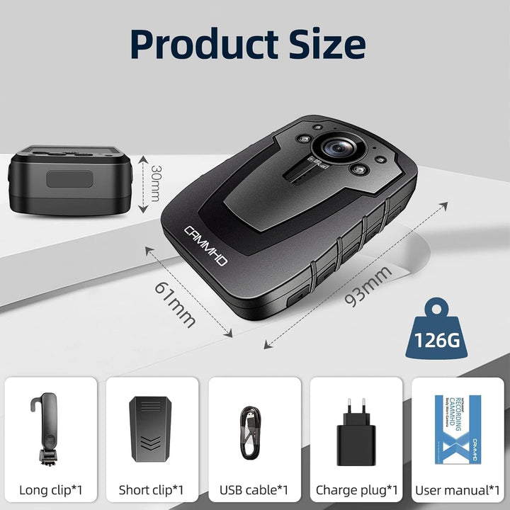 CAMMHD C8-64GB 1296P Body Cam 12 Stunden Tragbare Audio und Video Bodycam 170° Weitwinkel Polizei Kö