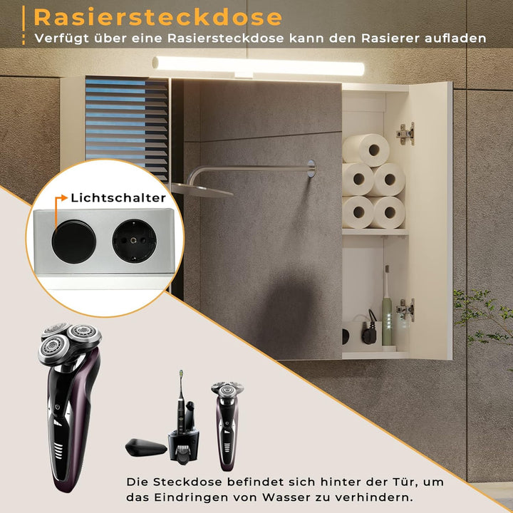 DICTAC Spiegelschrank Bad mit Beleuchtung, Steckdose und Lichtschalter Badschrank mit Beleuchtung un