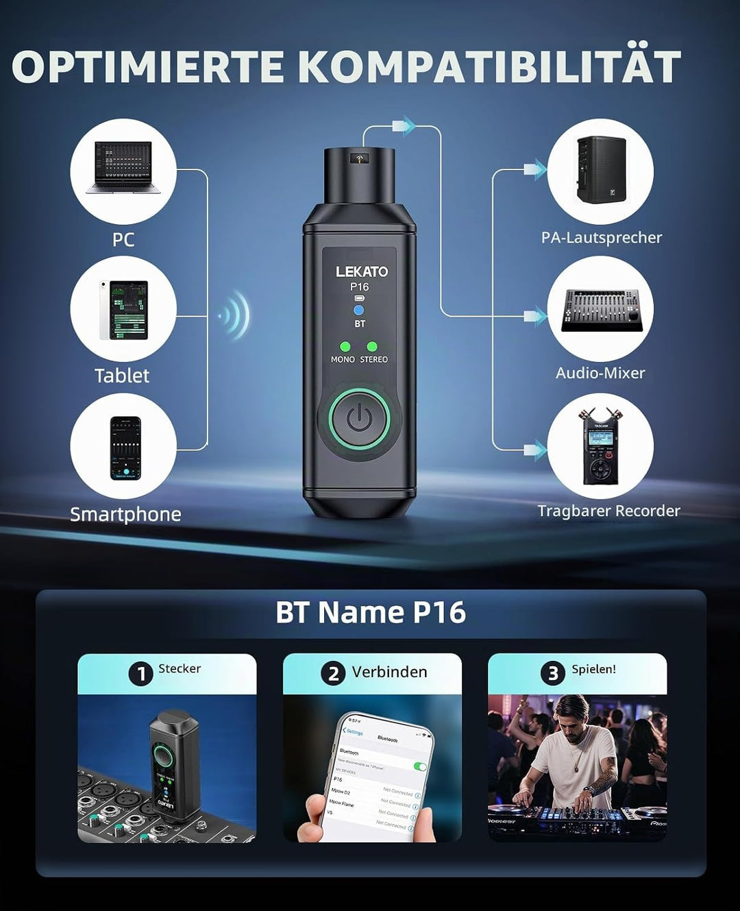 LEKATO P16 Bluetooth XLR Empfänger, Mono/Stereo Audio Receiver mit 15H Laufzeit für PA-, DJ-Systeme