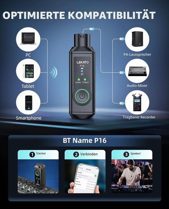 LEKATO P16 Bluetooth XLR Empfänger, Mono/Stereo Audio Receiver mit 15H Laufzeit für PA-, DJ-Systeme