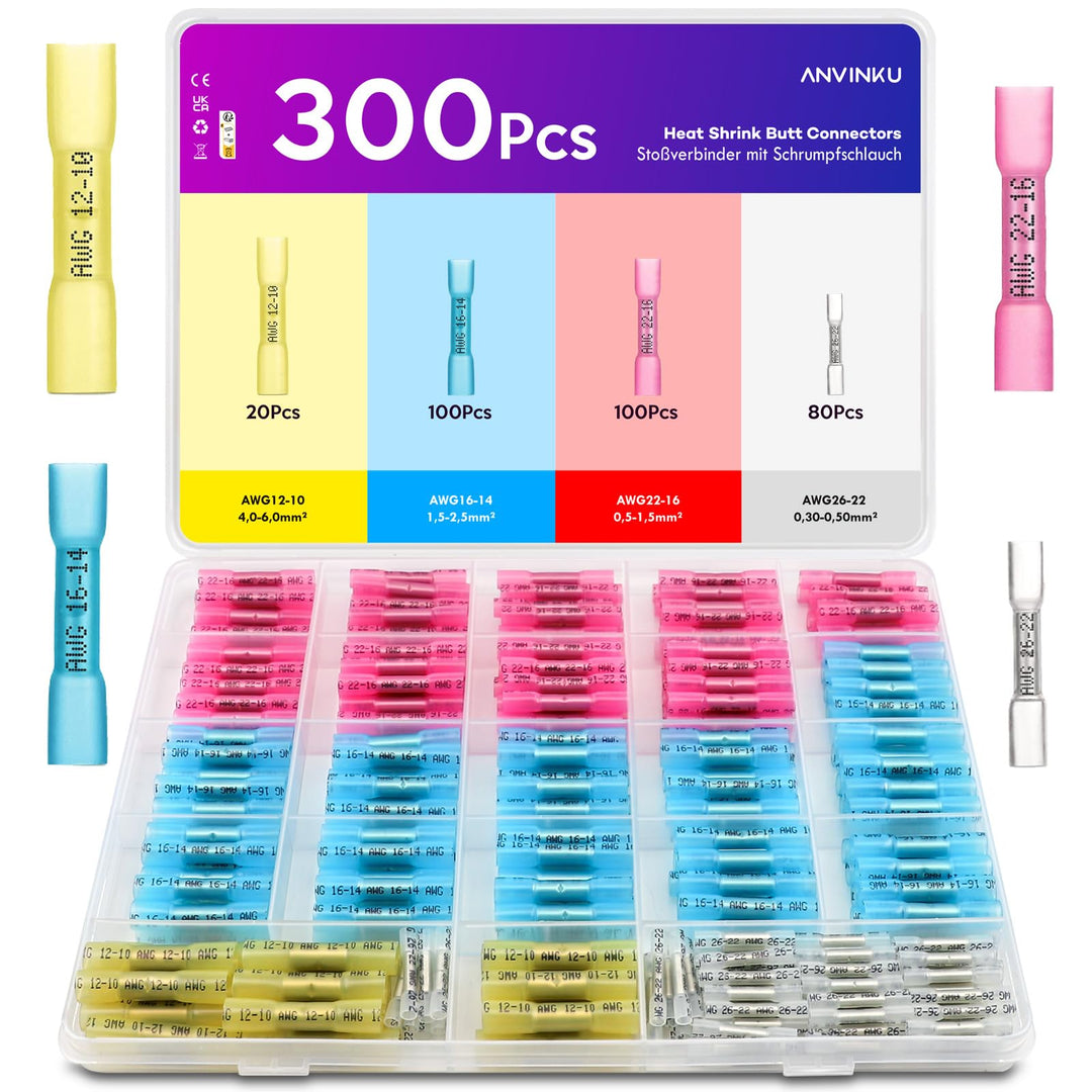 Stossverbinder, ANVINKU 300 Stück Quetschverbinder mit Schrumpfschlauch Set, 10-26 AWG Kabelverbinde