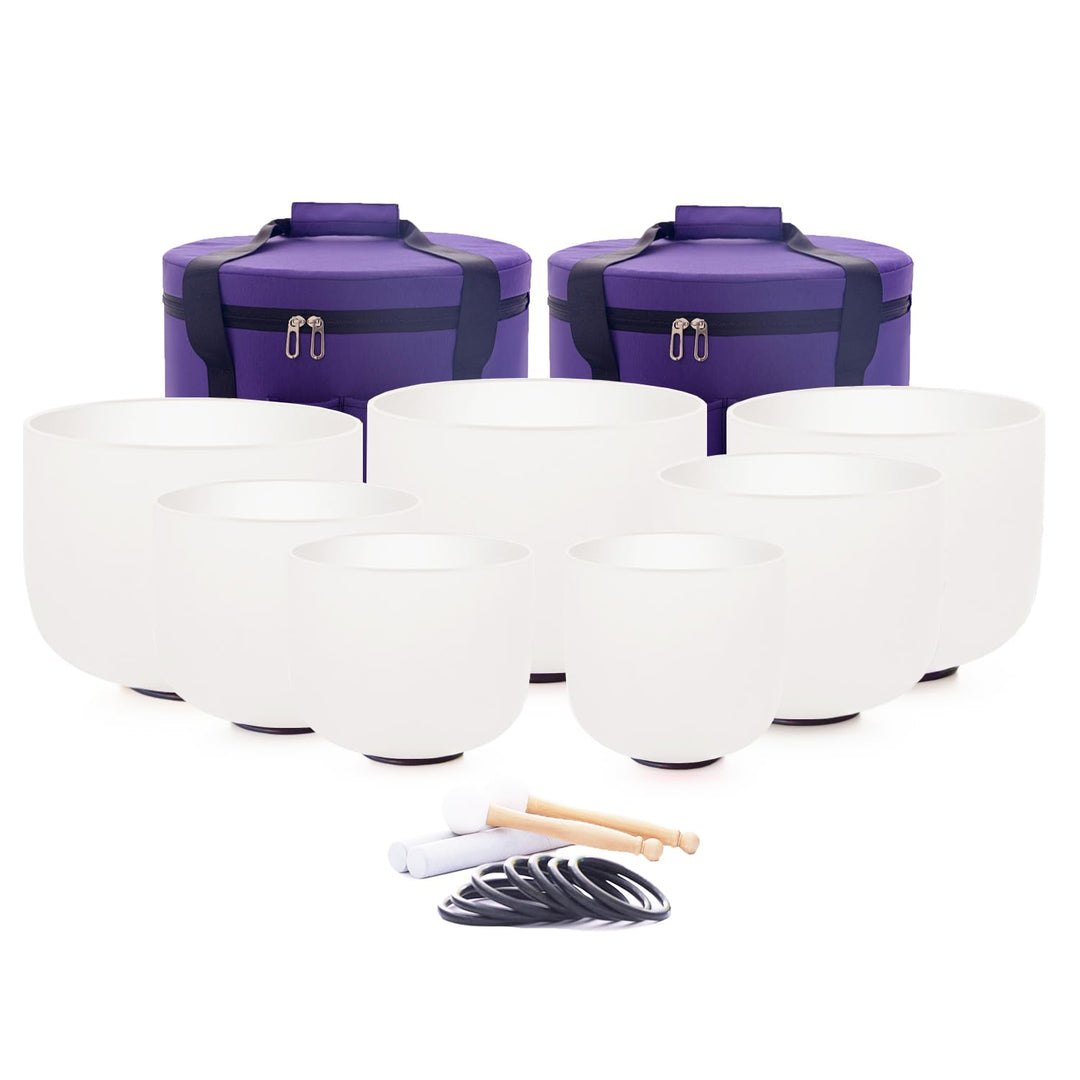 Hye-eun Kristall Klangschale Set, 432hz 7-12 Zoll Klangschalen mit Tragetasche,7PCS Chakra Frosted Q
