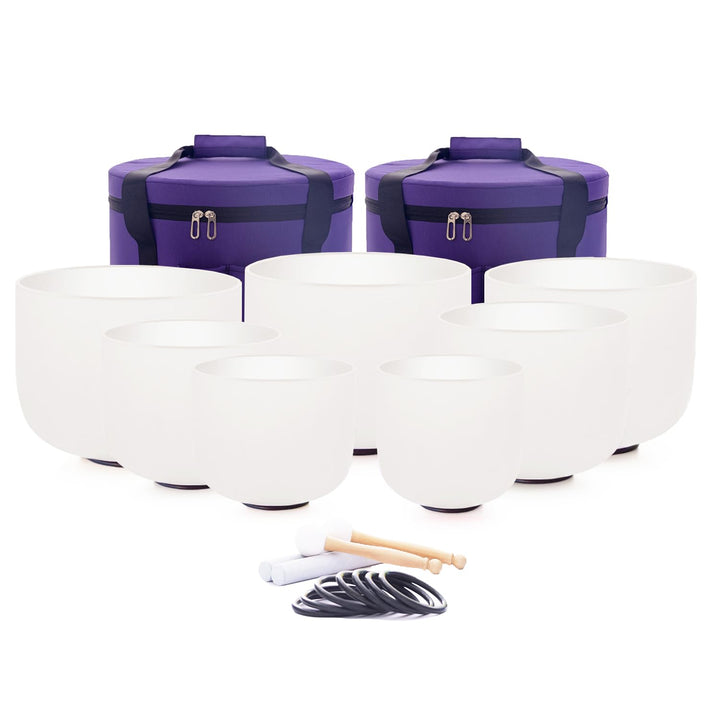 Hye-eun Kristall Klangschale Set, 432hz 7-12 Zoll Klangschalen mit Tragetasche,7PCS Chakra Frosted Q