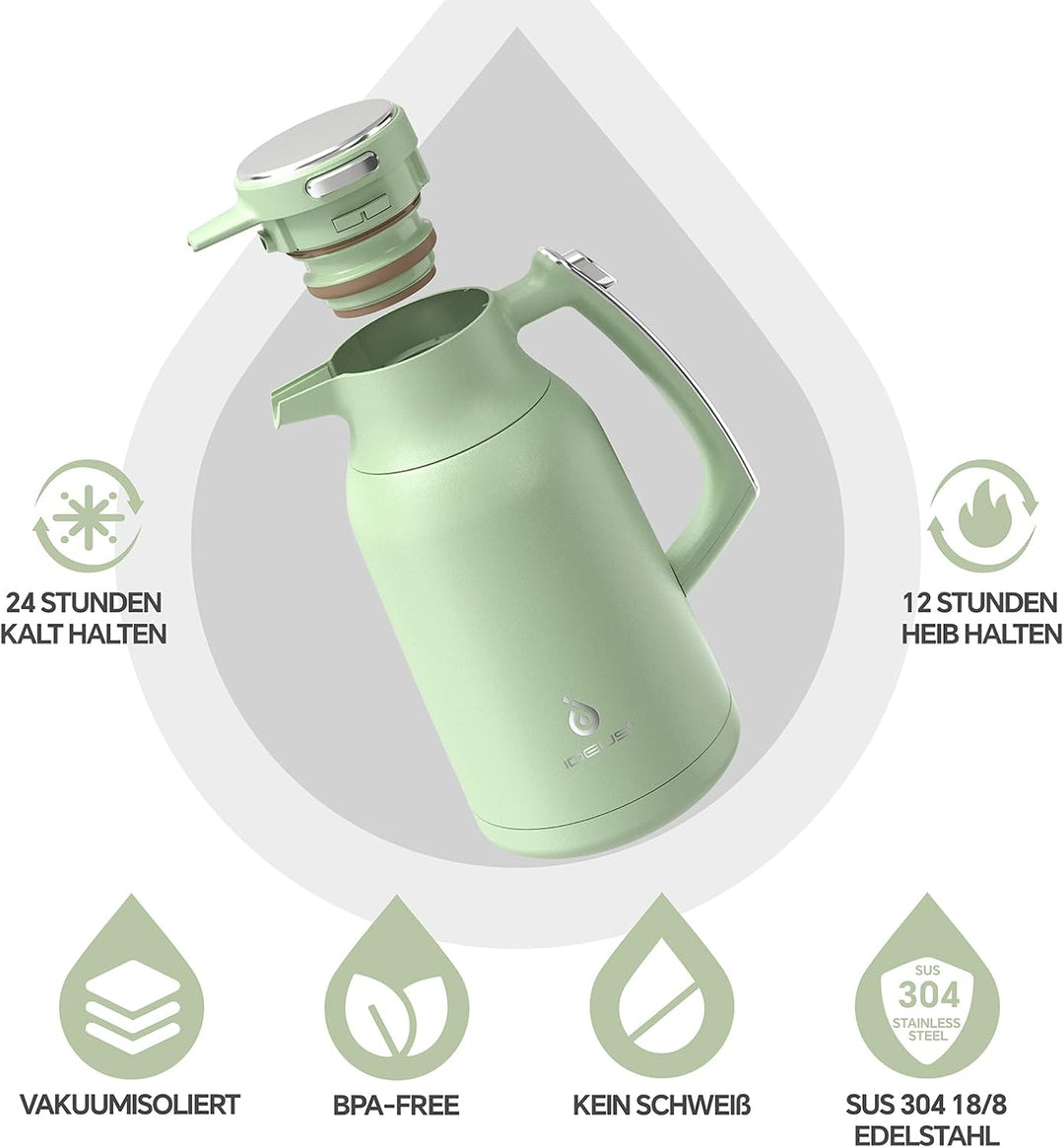 IDEUS® Thermoskanne 2l, Edelstahl Doppelwandige Kaffeekanne Vakuumisolierung Isolierkanne Warmhaltek